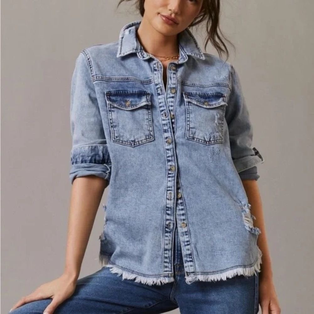 Anthropologie Pilcro Fielder Distressed Denim Shirt Jacket Shacket M